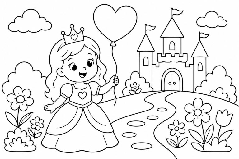 Prinzessin mit Herzballon vor dem Schloss - Ausmalbild ab 4 Jahren