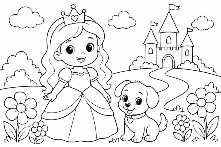 Prinzessin mit Hund vor dem Schloss - Ausmalbild ab 4 Jahren
