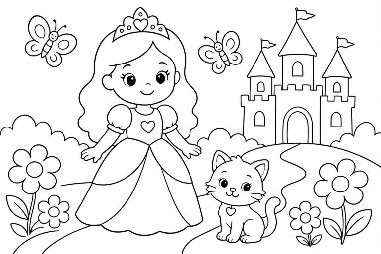 Prinzessin mit Kätzchen vor dem Schloss - Ausmalbild ab 4 Jahren