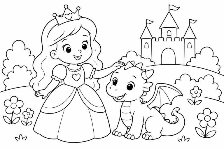 Prinzessin mit kleinem Drachen - Ausmalbild ab 4 Jahren