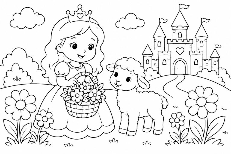 Prinzessin mit Lämmchen auf der Blumenwiese - Ausmalbild ab 4 Jahren