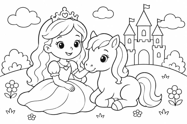 Prinzessin mit Pony auf der Wiese - Ausmalbild ab 4 Jahren