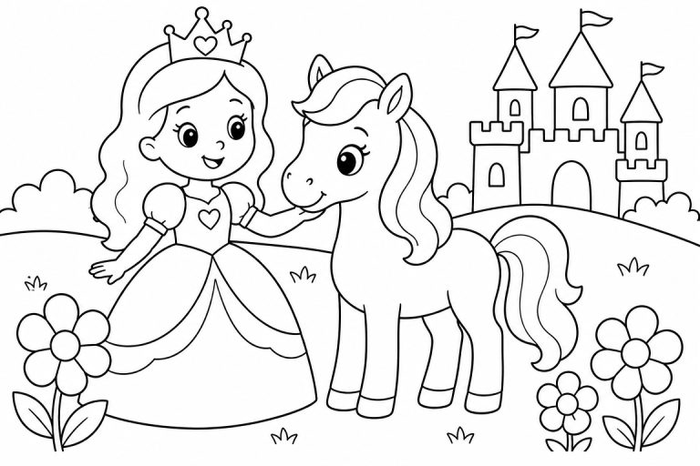 Prinzessin mit Pony vor dem Schloss - Ausmalbild ab 4 Jahren