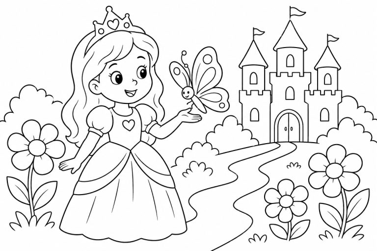 Prinzessin mit Schmetterling im Garten - Ausmalbild ab 4 Jahren