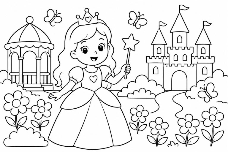 Prinzessin mit Zauberstab im Garten - Ausmalbild ab 4 Jahren