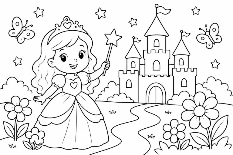 Prinzessin mit Zauberstab vor dem Schloss - Ausmalbild ab 4 Jahren