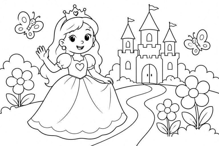 Prinzessin vor dem Märchenschloss - Ausmalbild ab 4 Jahren