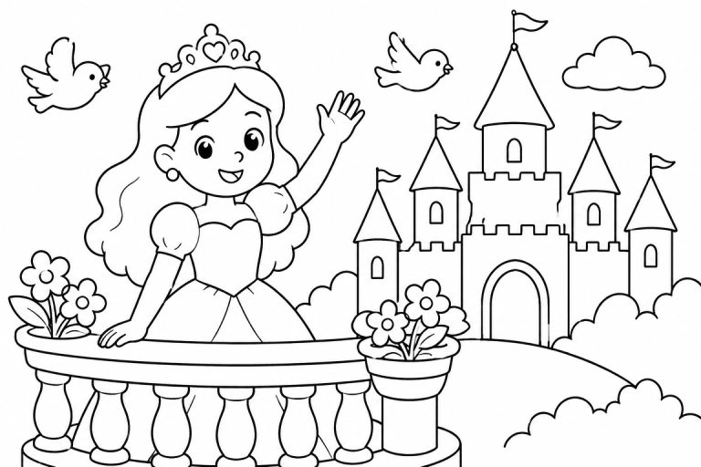 Prinzessin winkt vom Schlossbalkon - Ausmalbild ab 4 Jahren