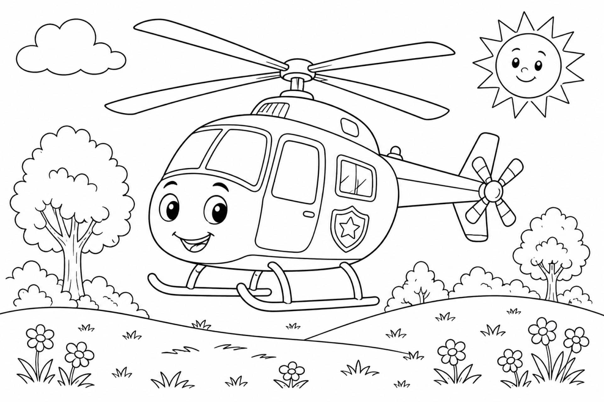 Freundlicher Polizeihubschrauber im Park - Ausmalbild ab 6 Jahren