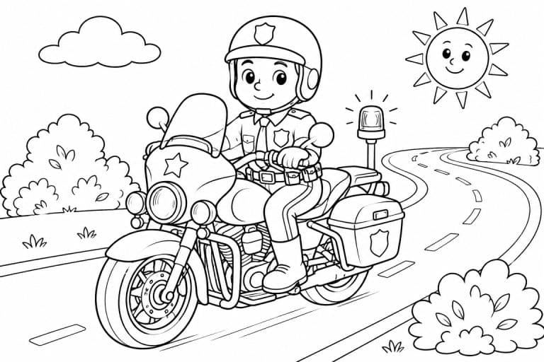Freundlicher Polizist auf dem Motorrad - Ausmalbild ab 6 Jahren