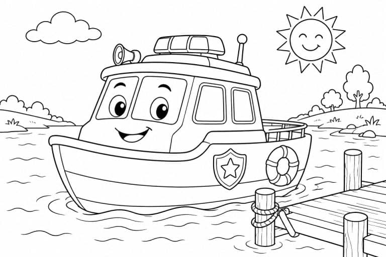 Freundliches Polizeiboot am Steg - Ausmalbild ab 6 Jahren