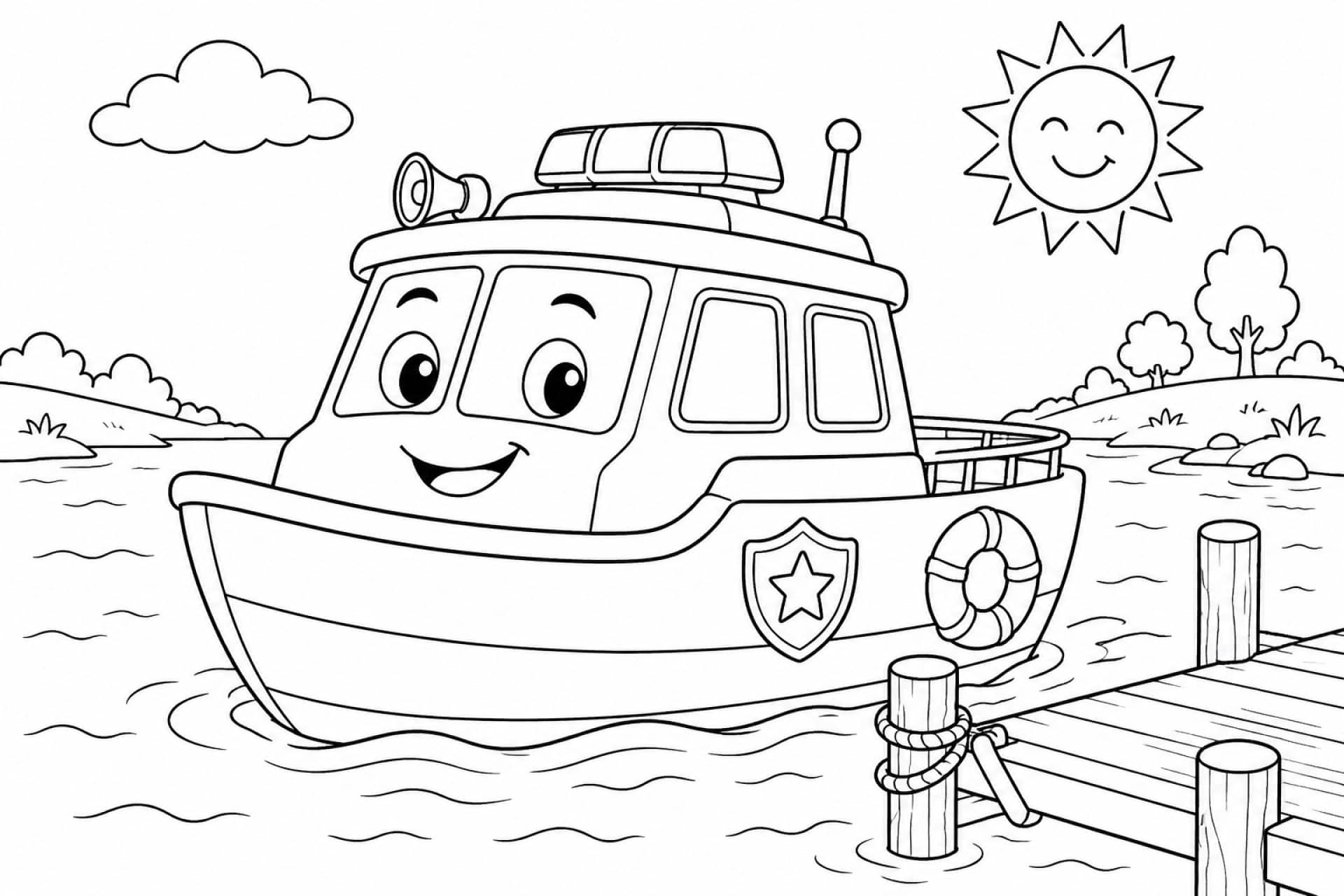 Freundliches Polizeiboot am Steg - Ausmalbild ab 6 Jahren