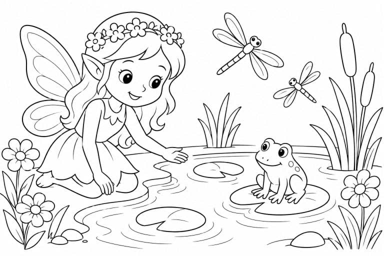 Fee am Teich mit Frosch - Ausmalbild ab 6 Jahren