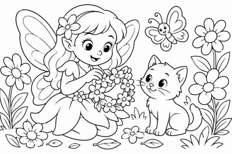 Fee bastelt Blumenkranz mit Katze - Ausmalbild ab 6 Jahren