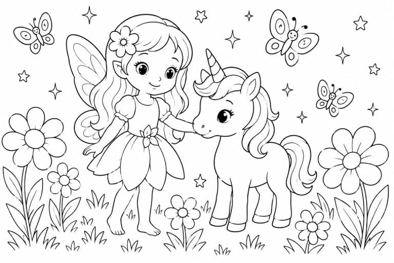 Fee mit kleinem Einhorn - Ausmalbild ab 6 Jahren