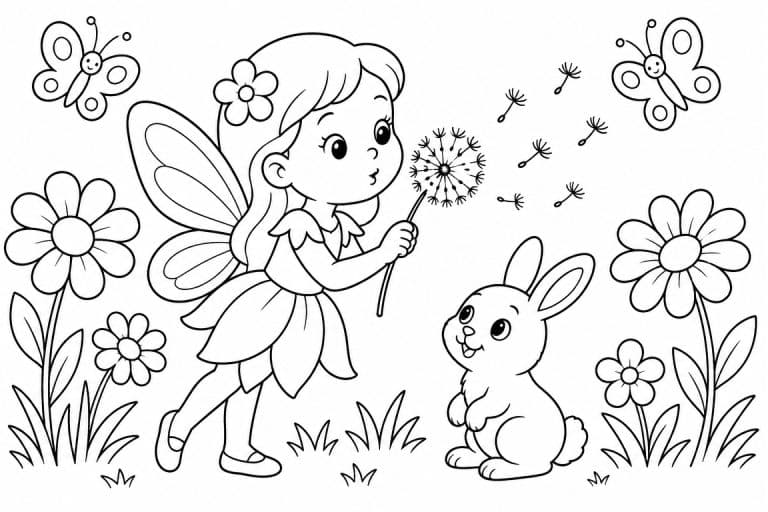 Fee pustet Pusteblume mit Hase - Ausmalbild ab 6 Jahren