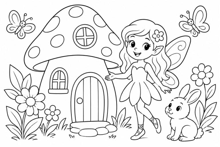 Fee vor dem Pilzhaus mit Hase - Ausmalbild ab 6 Jahren