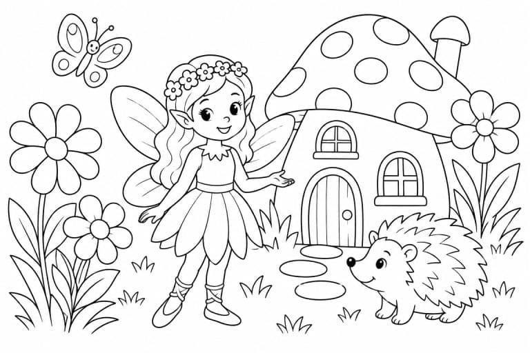 Fee vor dem Pilzhaus mit Igel - Ausmalbild ab 6 Jahren