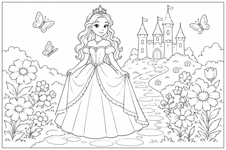 Prinzessin auf dem Gartenweg - Ausmalbild ab 6 Jahren