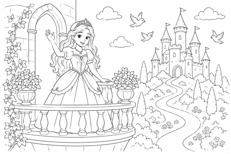 Prinzessin auf dem Schlossbalkon - Ausmalbild ab 6 Jahren