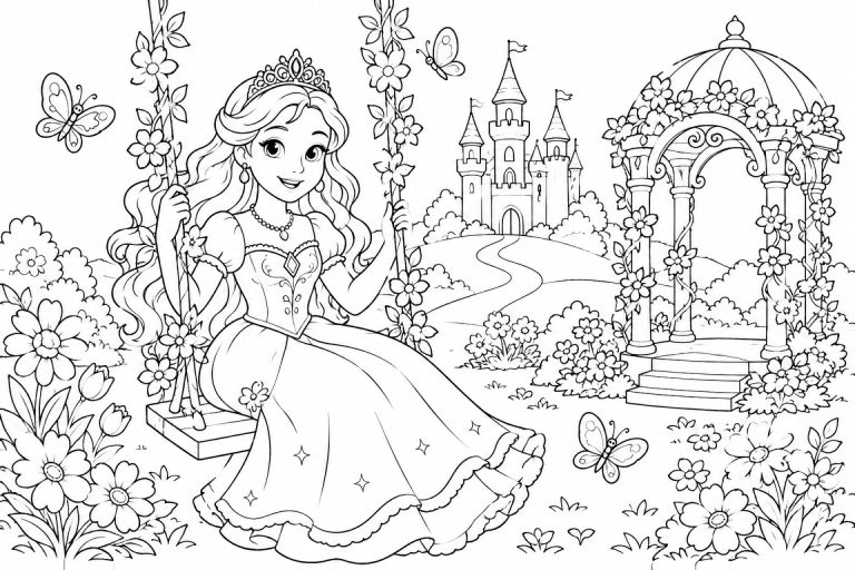 Prinzessin auf der Blumenschaukel - Ausmalbild ab 6 Jahren