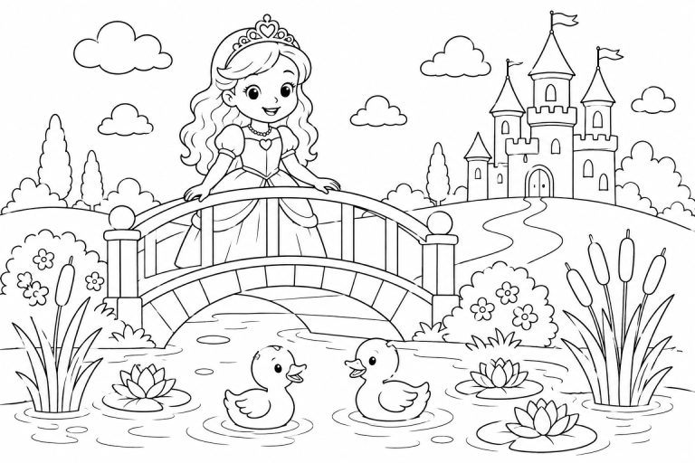 Prinzessin auf der Brücke mit Enten - Ausmalbild ab 6 Jahren