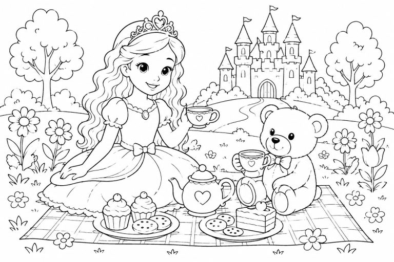 Prinzessin bei der Teeparty im Garten - Ausmalbild ab 6 Jahren