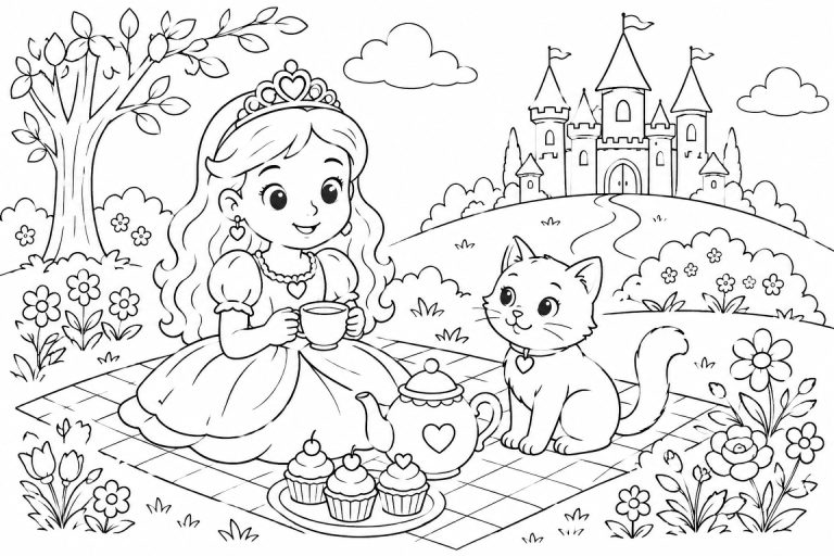 Prinzessin bei der Teeparty mit Kätzchen - Ausmalbild ab 6 Jahren