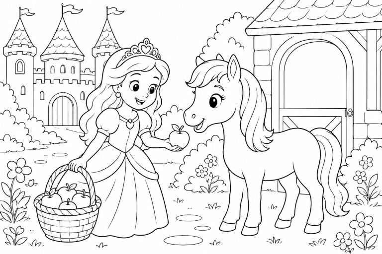 Prinzessin füttert ihr Pony - Ausmalbild ab 6 Jahren