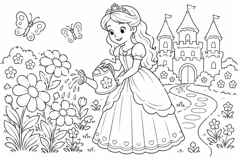 Prinzessin gießt Blumen im Garten - Ausmalbild ab 6 Jahren