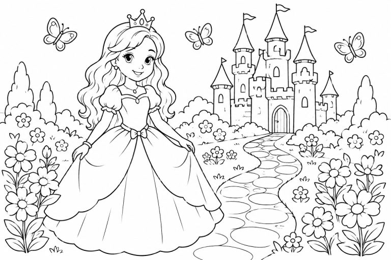 Prinzessin im Blumengarten vor dem Schloss - Ausmalbild ab 6 Jahren