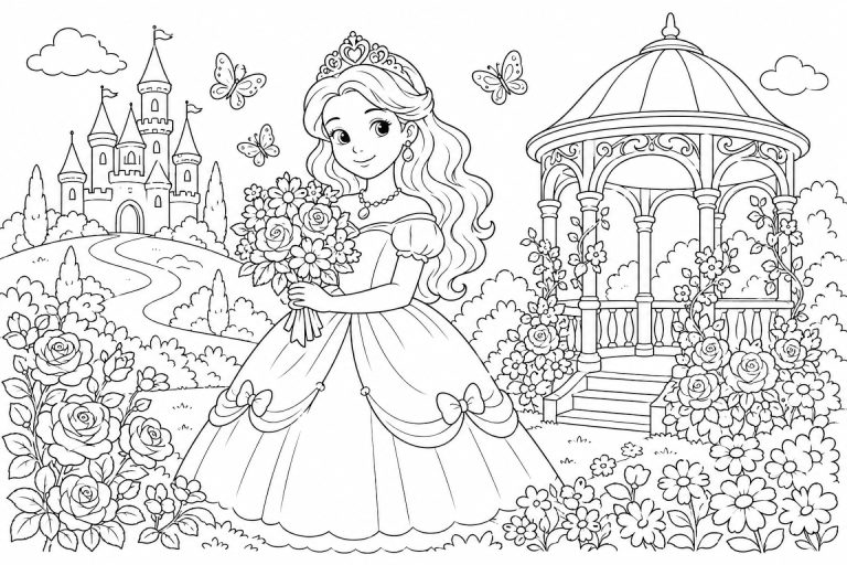 Prinzessin im Garten mit Blumenstrauß - Ausmalbild ab 6 Jahren