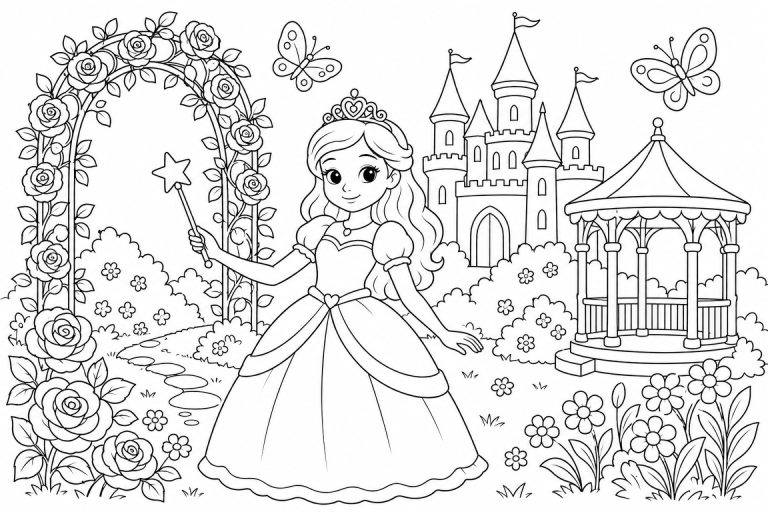 Prinzessin im Rosengarten mit Zauberstab - Ausmalbild ab 6 Jahren