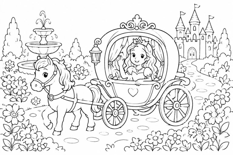 Prinzessin in der kleinen Märchenkutsche - Ausmalbild ab 6 Jahren