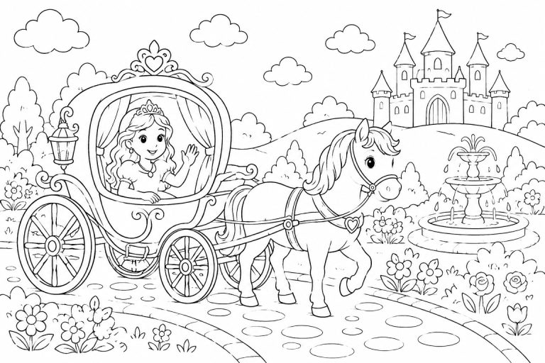 Prinzessin in der Märchenkutsche - Ausmalbild ab 6 Jahren