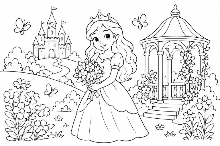 Prinzessin mit Blumenstrauß im Garten - Ausmalbild ab 6 Jahren