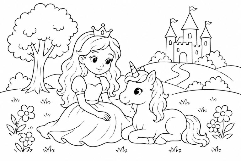 Prinzessin mit Einhorn auf der Wiese - Ausmalbild ab 6 Jahren