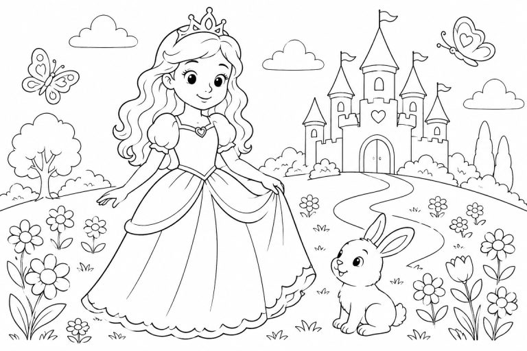 Prinzessin mit Hase vor dem Märchenschloss - Ausmalbild ab 6 Jahren