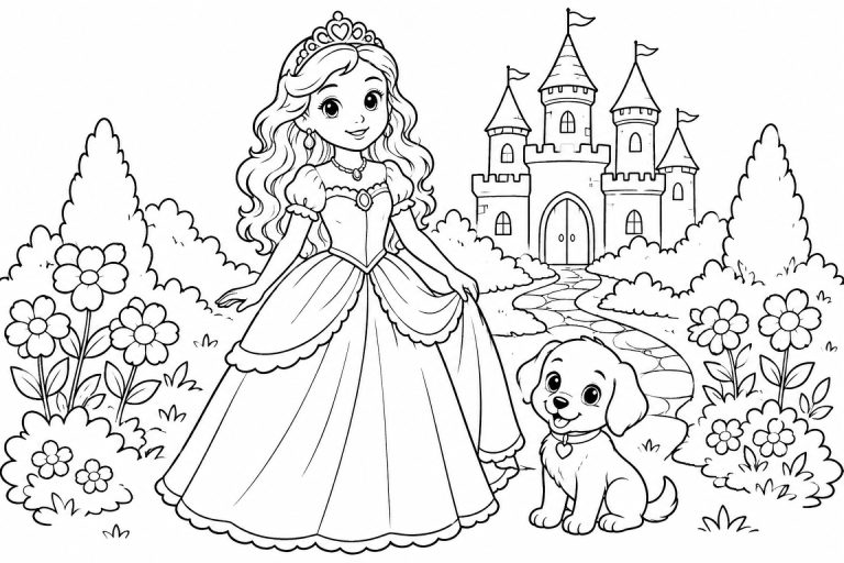 Prinzessin mit Hund im Schlossgarten - Ausmalbild ab 6 Jahren