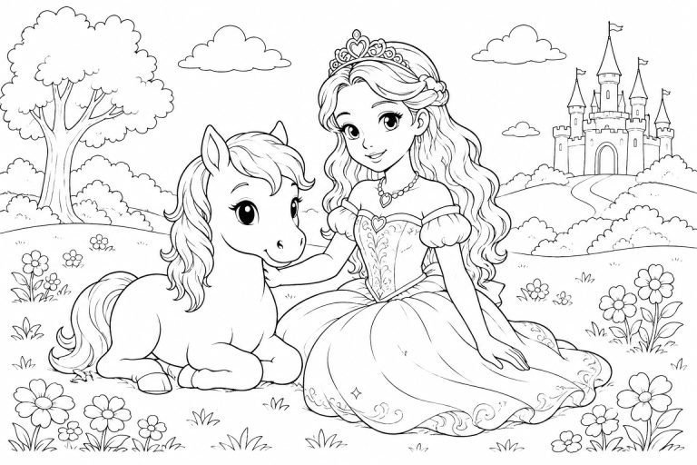 Prinzessin mit Pony auf der Wiese - Ausmalbild ab 6 Jahren