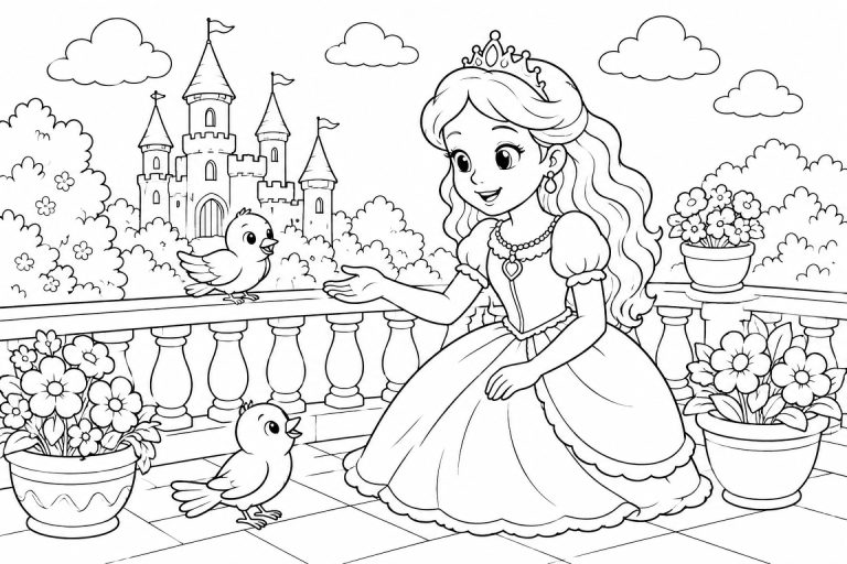 Prinzessin mit Vögeln auf dem Balkon - Ausmalbild ab 6 Jahren