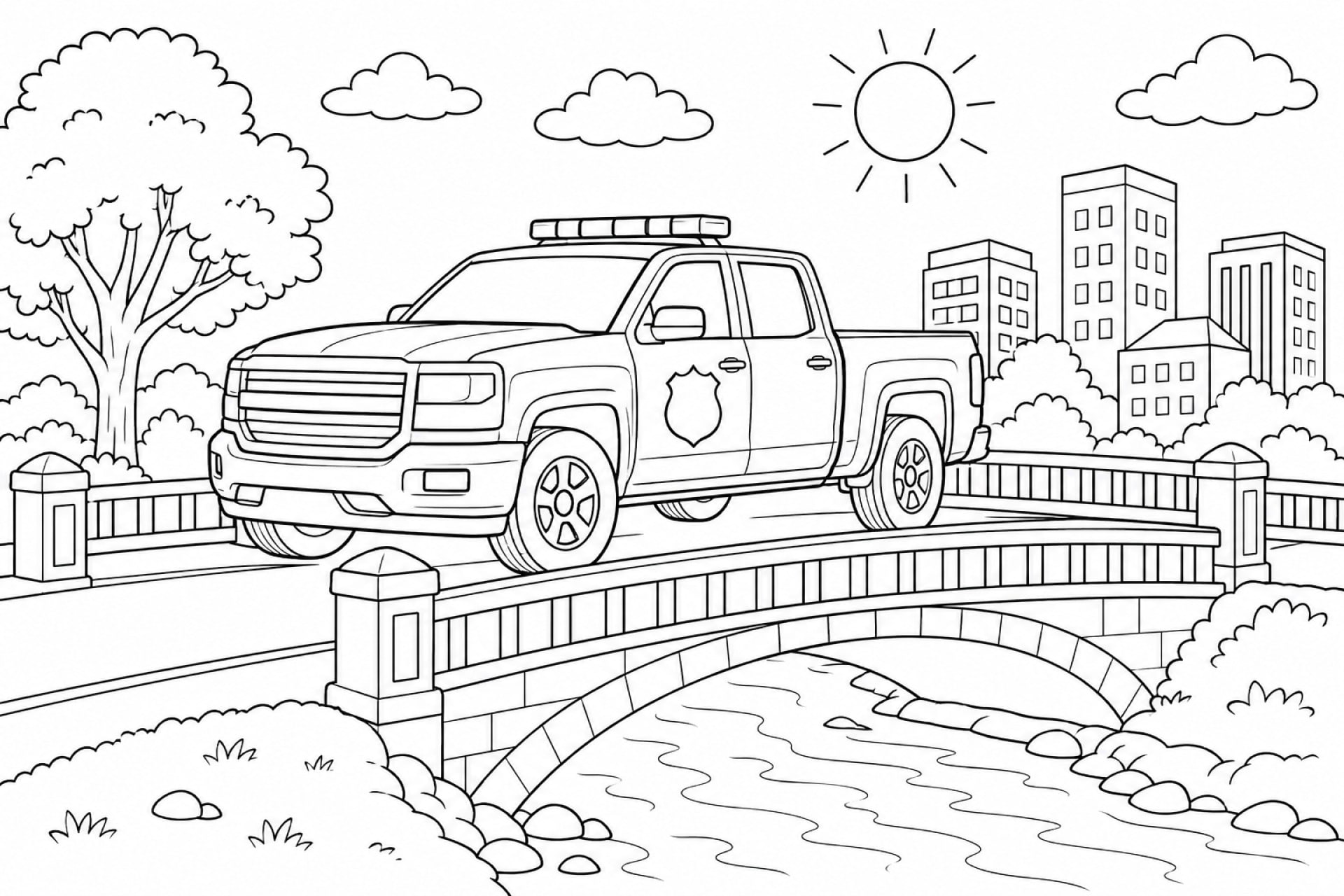 Polizei Pickup auf der Stadtbrücke - Ausmalbild ab 8 Jahren