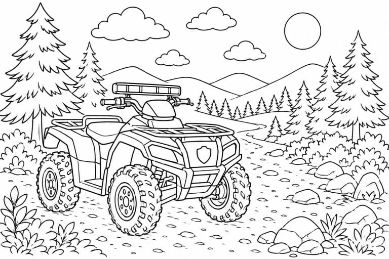 Polizei Quad im Wald - Ausmalbild ab 8 Jahren
