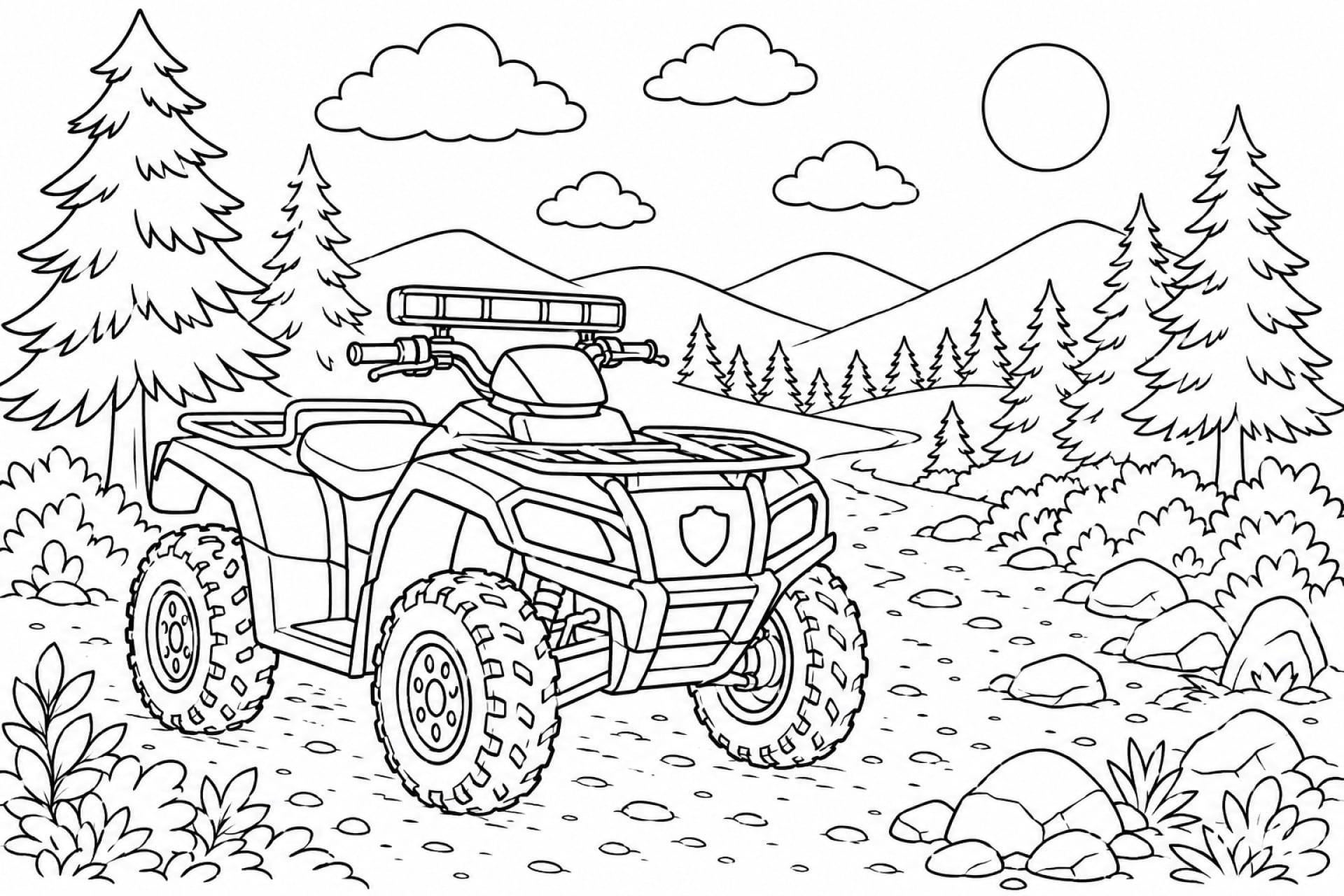Polizei Quad im Wald - Ausmalbild ab 8 Jahren