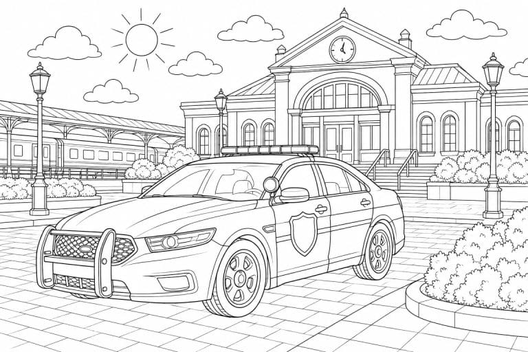 Polizeiauto vor dem Bahnhof - Ausmalbild ab 8 Jahren