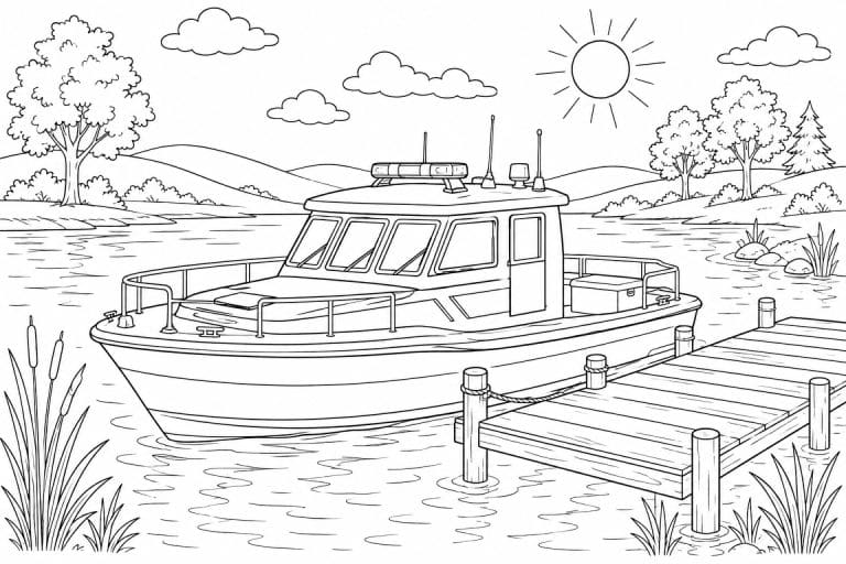 Polizeiboot am See - Ausmalbild ab 8 Jahren