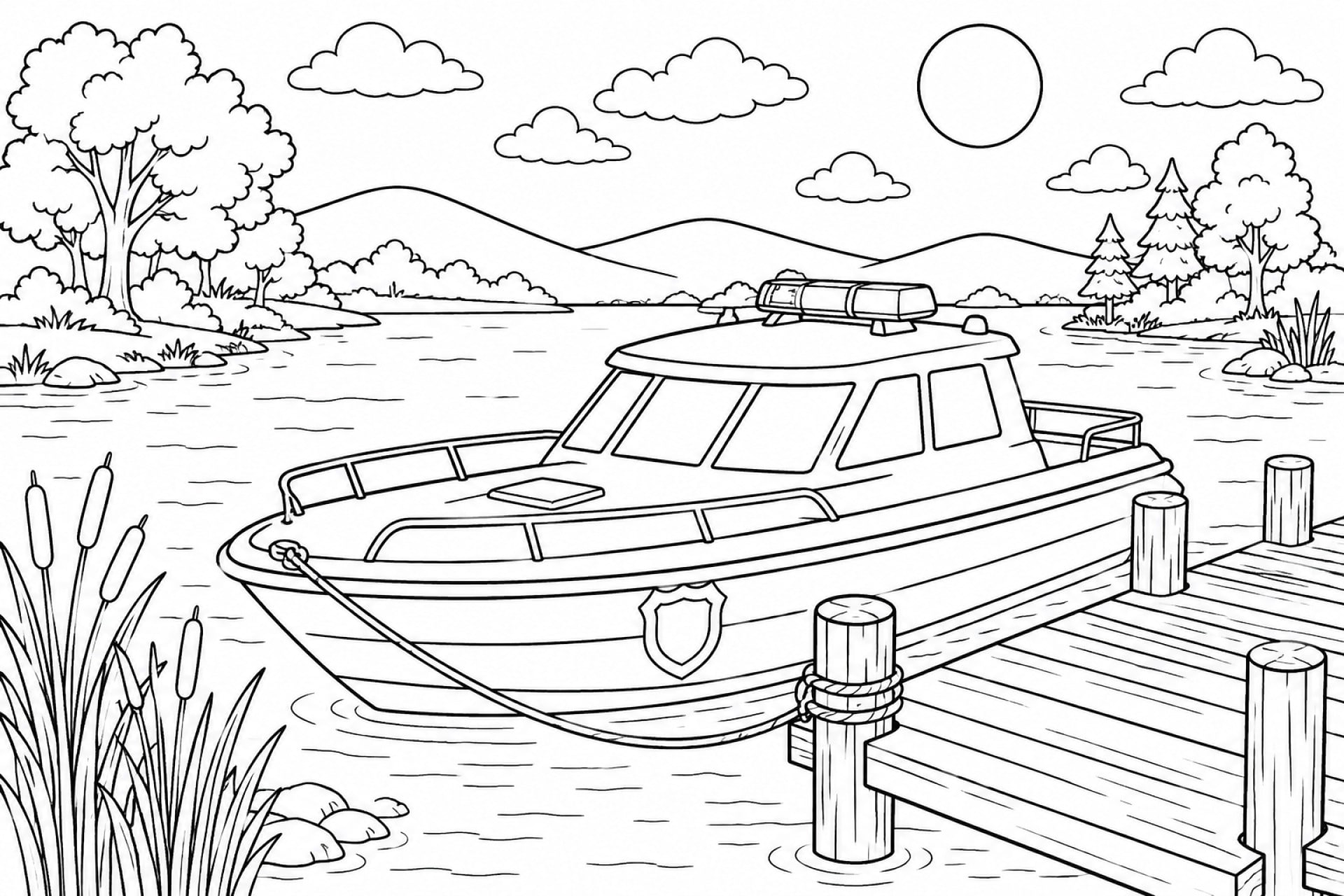 Polizeiboot am See mit Steg - Ausmalbild ab 8 Jahren