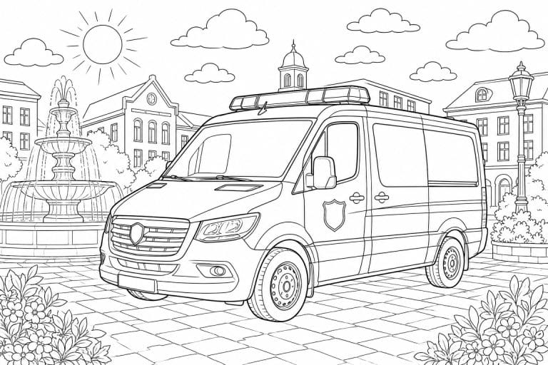 Polizeibus auf dem Stadtplatz - Ausmalbild ab 8 Jahren