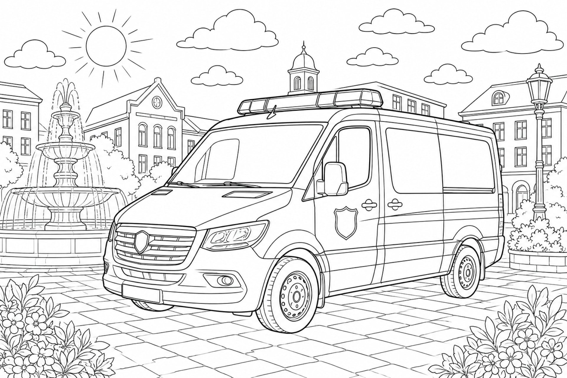 Polizeibus auf dem Stadtplatz - Ausmalbild ab 8 Jahren