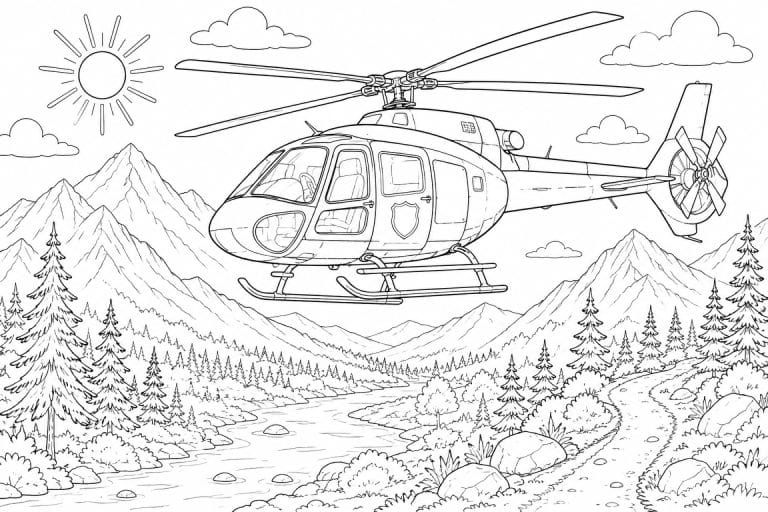 Polizeihubschrauber über dem Bergtal - Ausmalbild ab 8 Jahren